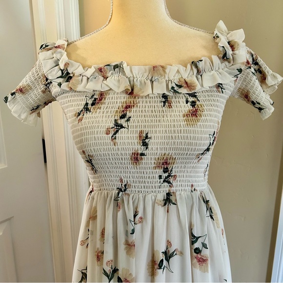 Lulu's White smocked Ruffled Off-Shoulder Maxi Dress floral romantic boho - Picture 6 of 11